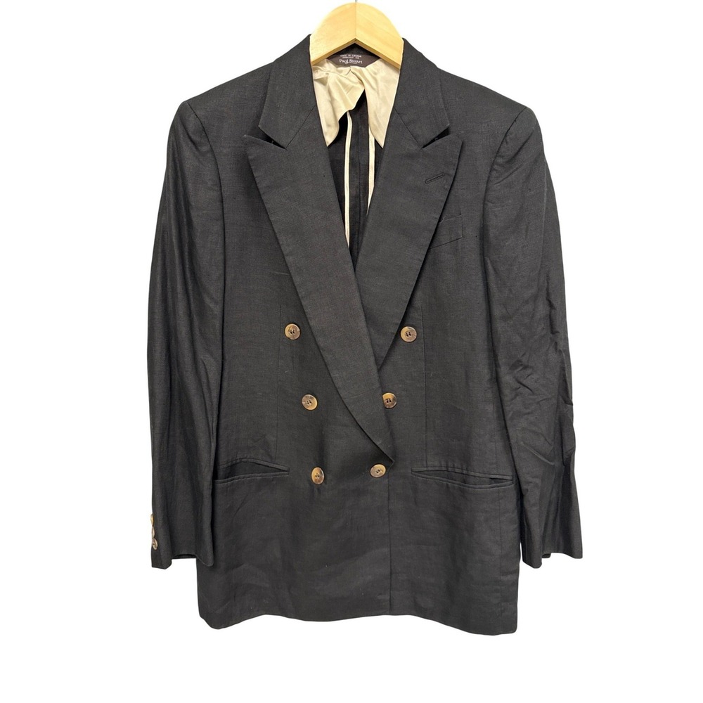 Vtg Paul Stuart Union Made Italian Linen Blazer Women 8 Black Double Breasted